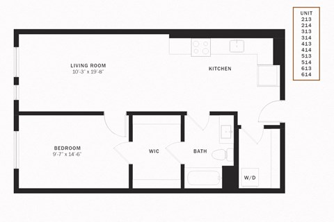 Floor plan for 1 bed, 1 bath, 698 sqft